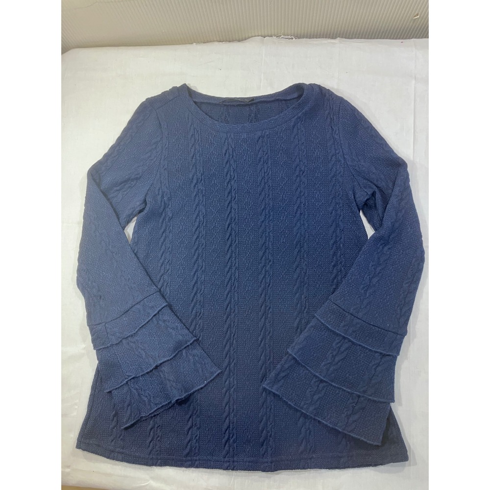 Doe & Rae Navy Cable Knit Bell Sleeve‎ Sweater Tunic Top Women's Large